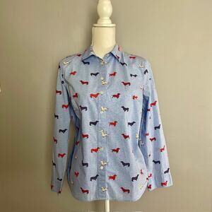 Talbots Petites Dachshund Print Button Front Shirt Blue Cotton MP